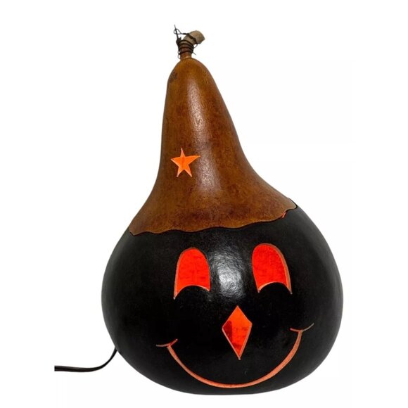 Vintage Gourd Lighted Orange & Black Pumpkin Halloween Hand Carved Folk Art Fall - Picture 10 of 13